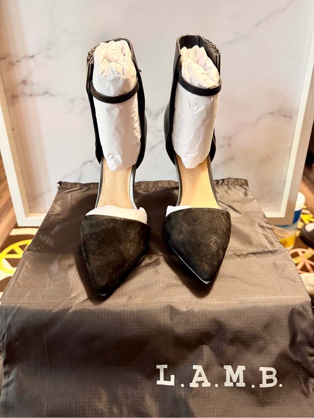 L.A.M.B. Black Pointed Toe Ankle-Strap Suede Pumps